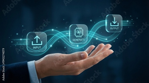 A hand in a business suit presenting a futuristic AI technology interface with input generate and output icons