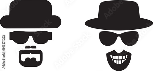 Minimalist black silhouette icons of a man with a pork pie hat sunglasses and a goatee