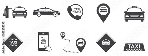 Taxi service icons and symbols for transportation and ride-sharing mobile applications