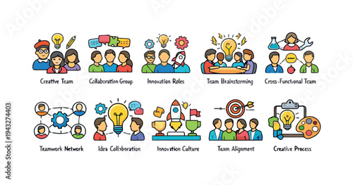 Teamwork and innovation icons for creative process and business collaboration concepts