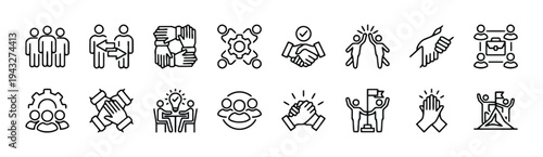 Teamwork and partnership icons showing people working together in groups isolated on white background