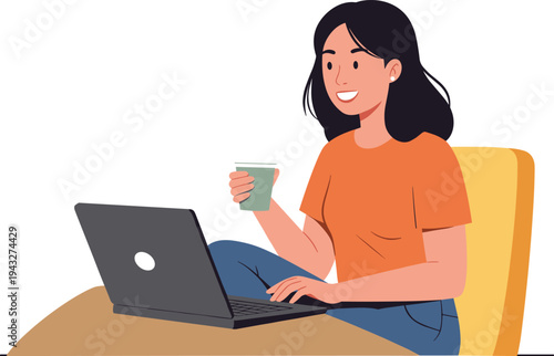 Person with laptop, yellow chair, home workspace, casual outfit, green cup, smiling face, relaxed tech use, illustration