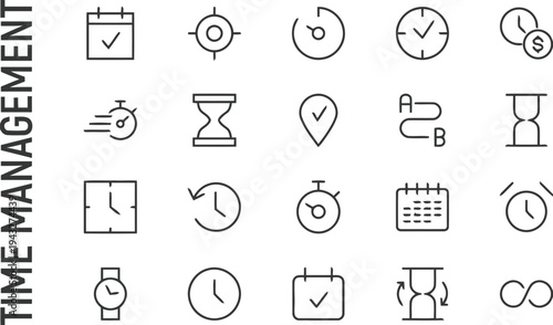 Time management icons set for planning and scheduling tasks on calendar and clock interface