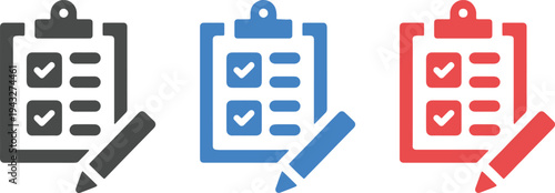 Three checklist icons in gray, blue, and red with pencils on transparent background