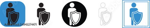 Collection of diverse graphic design vector icons illustrating a protected person concept featuring a figure standing alongside a sturdy shield symbol variations.