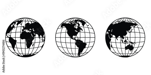 Three globes showing different continents on a white background