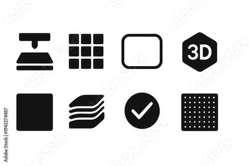 Three dimensional printing and additive manufacturing technology icon set
