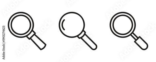 Three simple line art icons of magnifying glass in different orientations