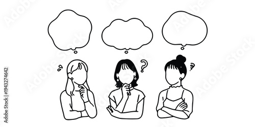 Three women thinking with question marks and thought bubbles overhead
