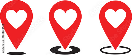 Three red location pin icons with heart shape inside