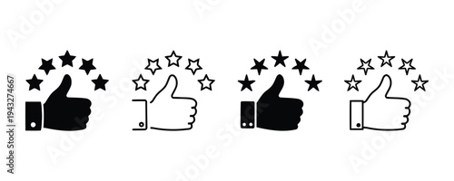 Thumbs up hand gesture with stars rating, positive feedback like icon, best choice symbol