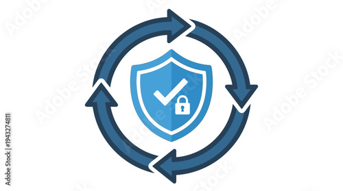 Continuous Digital Security and Data Protection Cycle Icon with Checkmark and Lock for System Updates and Safeguarding Information