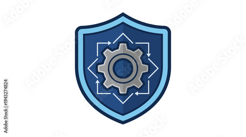 Shield with gear icon symbolizing security, protection, and operational efficiency through technology and automation