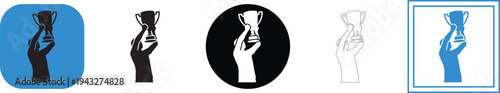 Collection of distinct vector graphic illustrations depicting a triumphant human hand raising a classic championship trophy high above for victory celebration and achievement recognition icons.