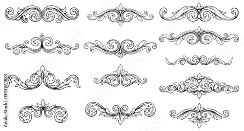 Elegant decorative ornamental design elements on black background