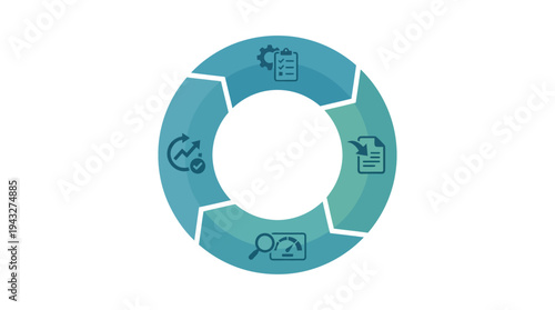 Flat vector icon of a connected circular loop representing a continuous business process cycle, showcasing steps for planning, execution, analysis, and growth in a modern workflow diagram
