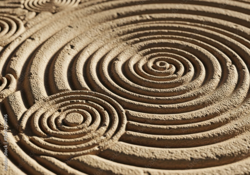 Naklejka premium Zen Garden Sand Pattern - Abstract Concentric Circles and Spirals Texture