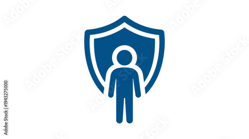 Flat vector icon of a person inside a protective shield, symbolizing personal security, human safety, individual safeguarding, and data privacy. Represents well-being concepts