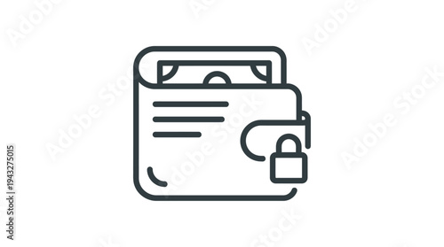 Flat vector line icon depicting a secure wallet with money and a padlock, symbolizing financial protection, safe savings, and secure transactions for digital banking