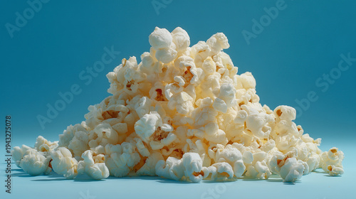Popcorn gathered into a neat mound on blue background