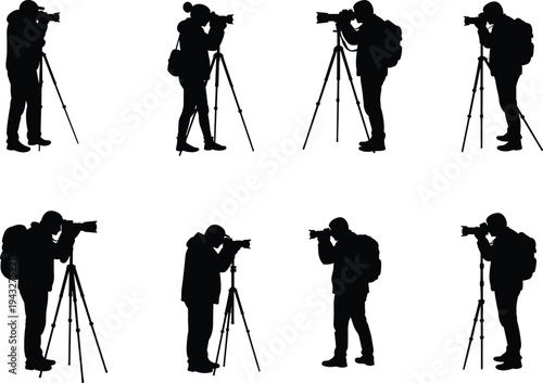 Photographer silhouette, tripod camera setup, outdoor travel photography, backpack gear, creative shooting angles, professional photo session illustration