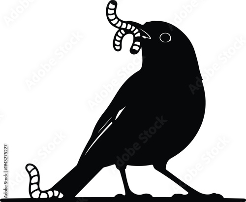 Silhouette bird catching worm standing on ground minimalist cartoon vector design