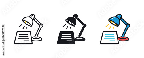 Desk lamp illuminating a document, presented in three distinct icon styles