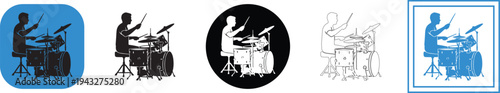 Collection of versatile vector graphic illustrations showcasing a silhouette of a drummer actively playing a full acoustic drum kit with sticks
