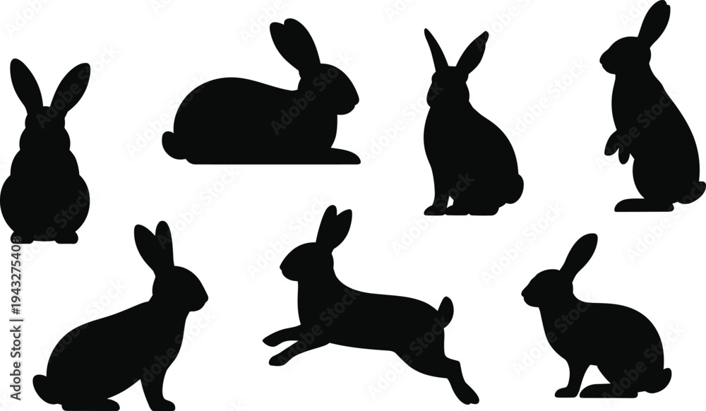 Obraz premium Collection of seven black rabbit silhouettes featuring jumping, sitting, and standing poses, perfect for Easter holiday designs, spring seasonal graphics, and cute animal vector illustrations.