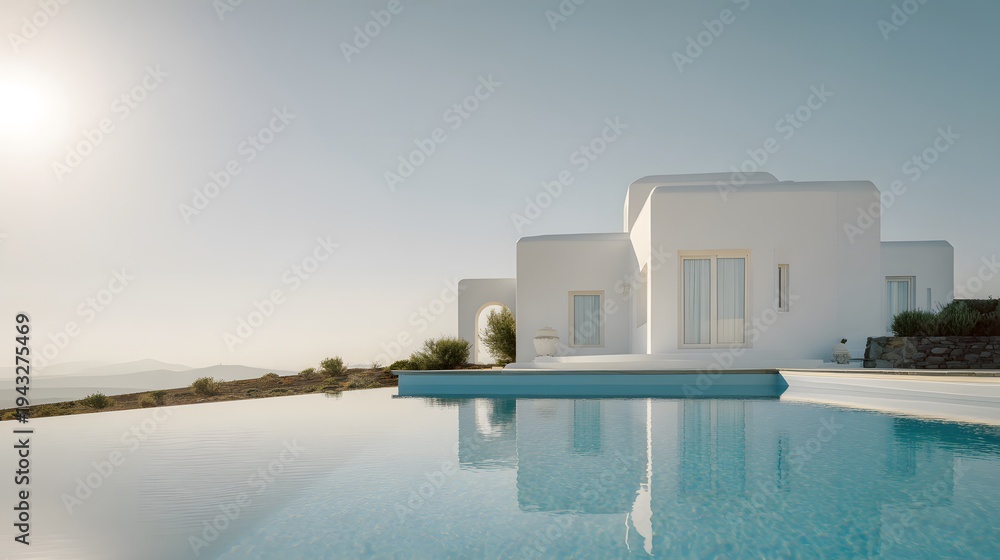 Fototapeta premium Luxury Santorini Villa Overlooks Turquoise Sea A Summer Vacation Dream of Premium Travel Lifestyle
