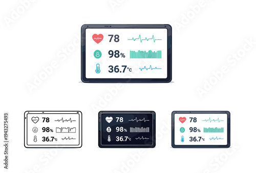 Digital medical monitor displaying vital signs including heart rate, oxygen saturation, and temperature