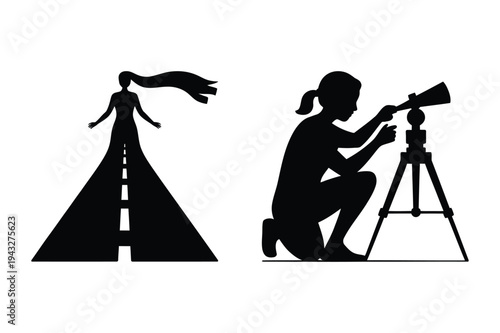 Silhouette woman on road and person with telescope
