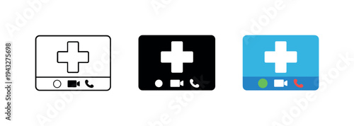 Telemedicine icons showing a medical cross on a screen with video call controls