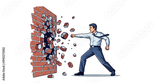 Policeman Breaking Down Brick Wall.