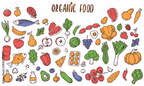 Organic food sketch doodles . Whimsical food doodles, Hand drawn vector illustration for menu, packaging design. Food quirky icons, simple sketch style. Top view. Simply fun