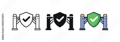 Security checkpoint gate with shield and checkmark icon, representing access control and safety