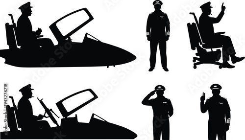Pilot silhouette, aviation worker, cockpit pose, airline staff, flight job, uniform role, airplane crew, professional occupation