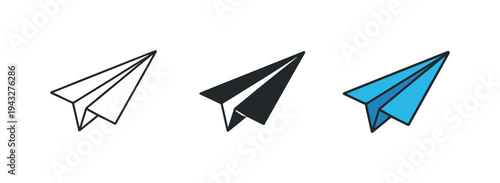 Three paper airplanes in different styles: outline, solid black, and blue with outline