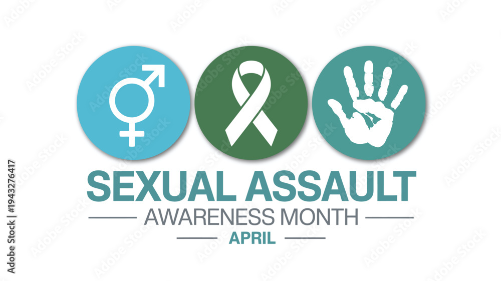 Fototapeta premium Sexual Assault Awareness Month April Advocacy Banner with Gender Symbols Teal Ribbon and Hand Stop Icon for Social Justice Organizations