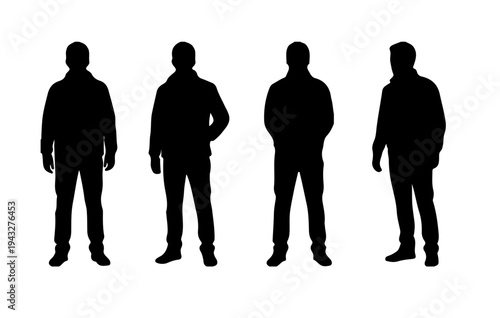 Set of Man Silhouette Standing Pose, Male Human Shadow Collection Isolated on White Background, People Silhouette Vector