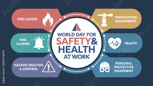 World Day for Safety and Health at Work Professional Infographic Design featuring PPE Fire Alarms Hazard Analysis and Workplace Wellness Icons