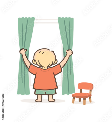 Child opening curtains to reveal a bright new day, symbolizing hope and new beginnings