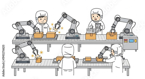 Robot Arms Assembling Products on Conveyor.