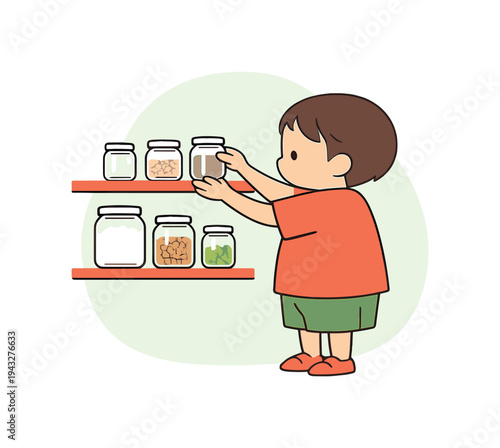 Quiet child organizes pantry jars on shelves, lining glass containers by size while lids shine and floor stays clear below. |