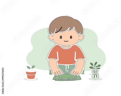 Fresh child decorates a table with napkins and small plants, aligning items neatly while hands pause and smile stays calm today.!