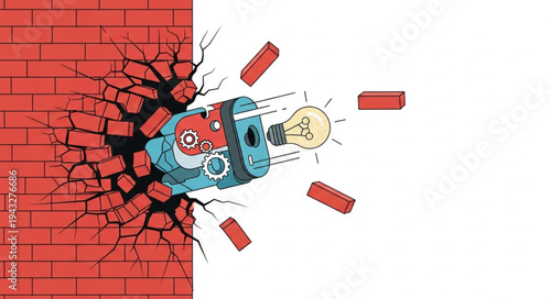 Robot Breaking Through Brick Wall.