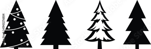 Pine tree silhouettes, decorated Christmas tree, natural evergreen, festive holiday design, seasonal variation, nature symbol, winter celebration, creative illustration set