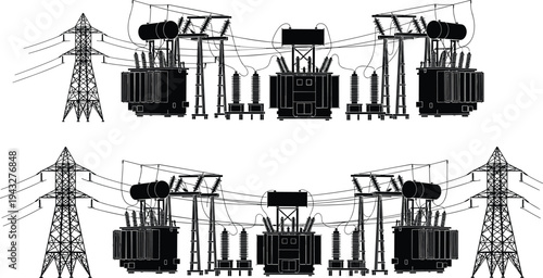 Black Silhouette of Electrical Power Substation with High Voltage Transformers and Transmission Towers for Industrial Energy Supply and Infrastructure Concept