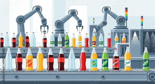 Robotic Arms Handling Bottles on Conveyor.