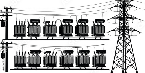 Black Silhouette of Electrical Power Substation with High Voltage Transformers and Transmission Towers for Industrial Energy Supply and Infrastructure Concept